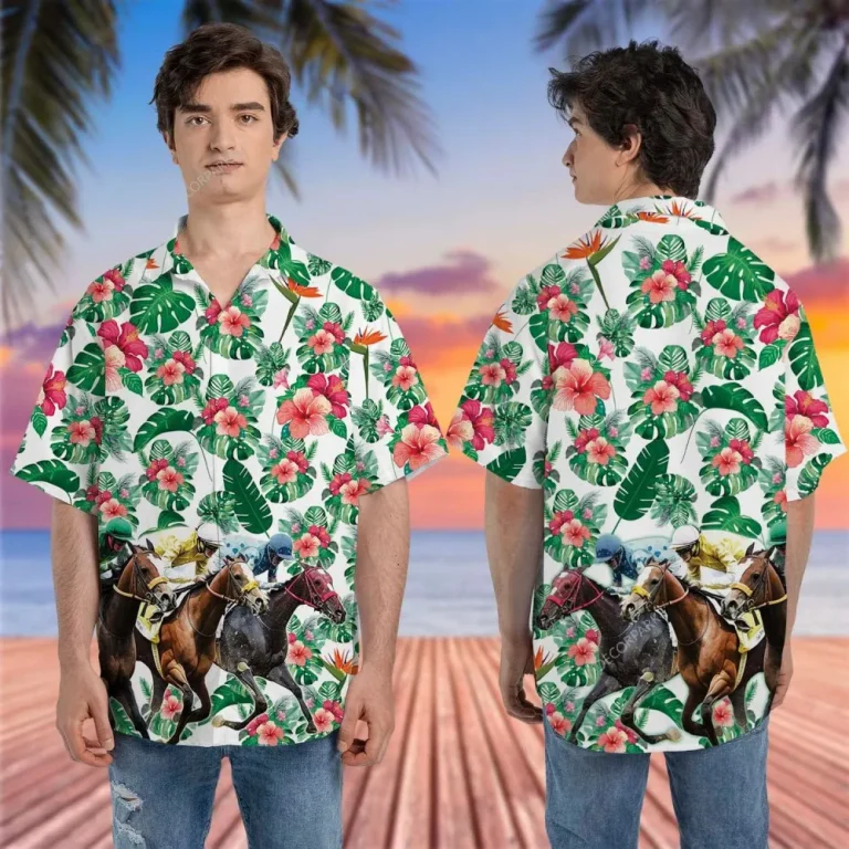 Horse Jockey Tropical Pattern Hawaiian Shirts For Men, Horse Racing And Hibiscus Flower Hawaiian Aloha Shirt, Summer Beach Shirt, Horse Shirt