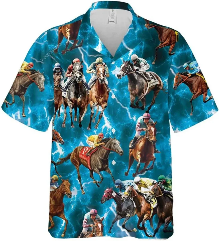 Horse Jockey Hawaiian Aloha Shirts For Men, Horse Racing Button Down Hawaiian Shirts Short Sleeves, Summer Beach Shirt, Horse Shirt