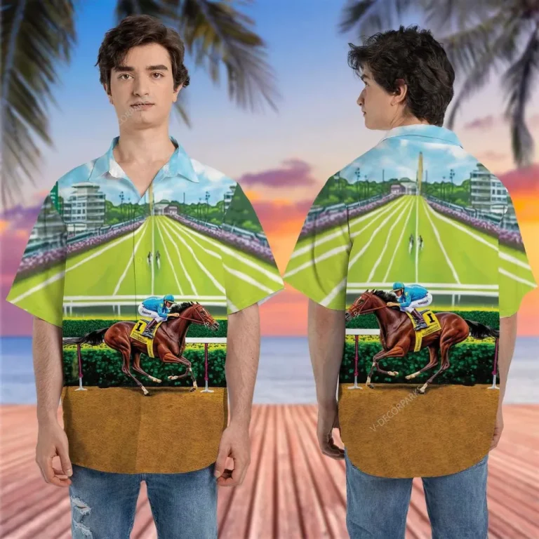 Horse Racing Button Down Hawaiian Shirts Short Sleeve, Horse Derby Summer Mens Hawaiian Shirt, Casual Printed Beach Summer Shirt, Aloha Beach Shirt