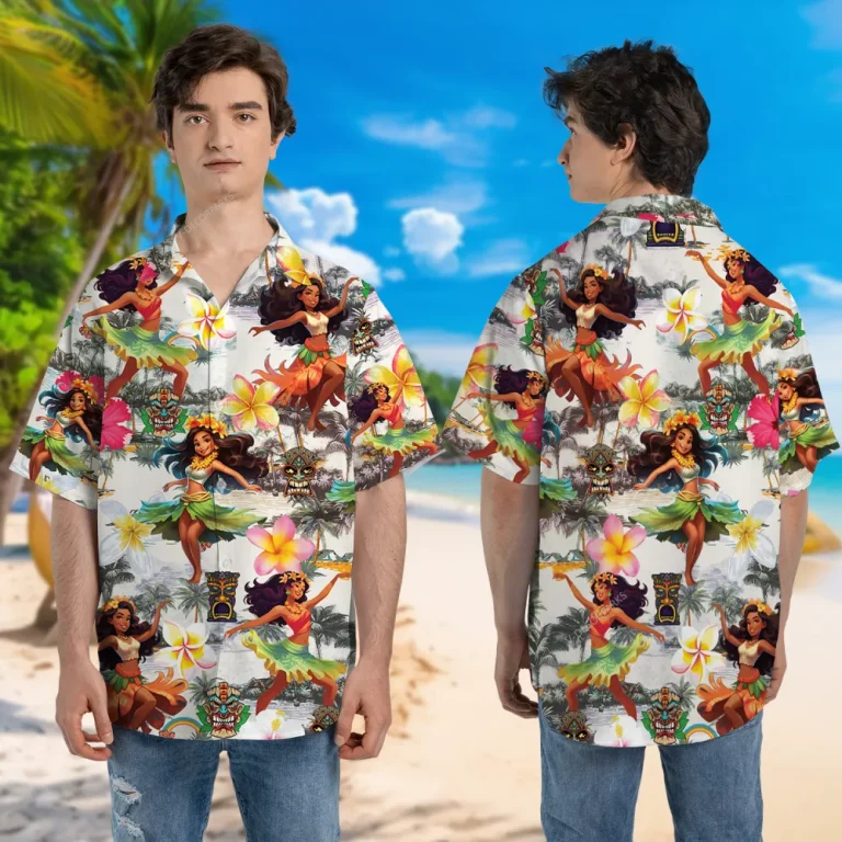 Vintage Hula Dancer Hawaii Shirt, Island Printed Short-sleeve, Unisex Aloha Shirt, Retro Tropical Leaves Silhouette Summer Clothing, Dance Lover Gift