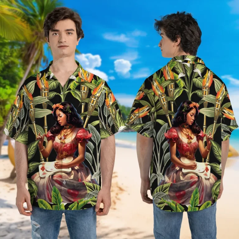 Hula Girl Fire Torch Unisex Hawaiian Shirt, Tropical Leaves Printed Short-sleeve, Tree Pattern Unisex Aloha Shirt, Summer Beach Shirt