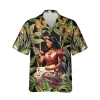 Hula Girl Fire Torch Unisex Hawaiian Shirt, Tropical Leaves Printed Short-sleeve, Tree Pattern Unisex Aloha Shirt, Summer Beach Shirt
