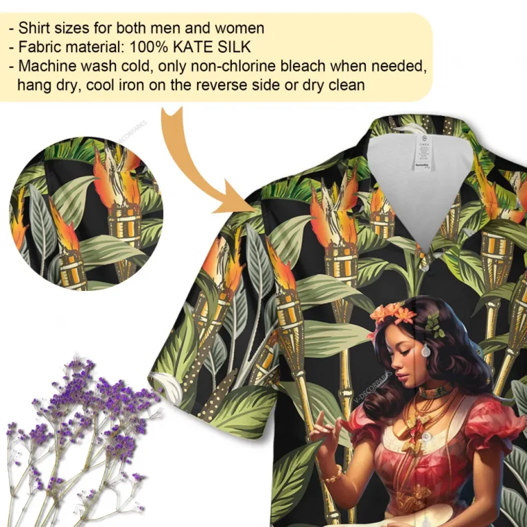 Hula Girl Fire Torch Unisex Hawaiian Shirt, Tropical Leaves Printed Short-sleeve, Tree Pattern Unisex Aloha Shirt, Summer Beach Shirt