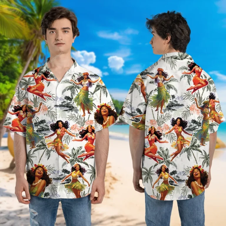 Hula Girl Dancing Hawaii Shirt, Funny Printed Short-sleeve, Tropical Leaves Unisex Aloha Shirt, Retro Summer Clothing, Summer Beach Shirt