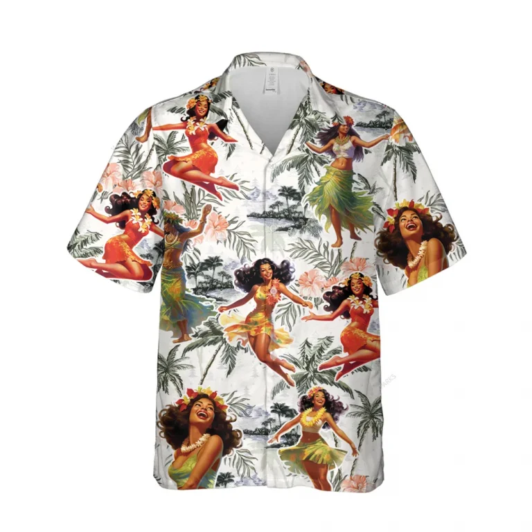 Hula Girl Dancing Hawaii Shirt, Funny Printed Short-sleeve, Tropical Leaves Unisex Aloha Shirt, Retro Summer Clothing, Summer Beach Shirt
