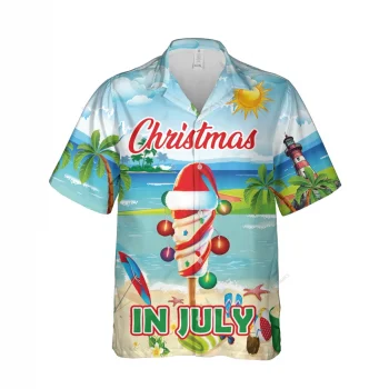 Christmas In July Unisex Hawaiian Shirt, Tropical Aloha Button Down Shirt, Santa Icecream Pattern Clothing, Funny Xmas Gift, Summer Vacation Shirt