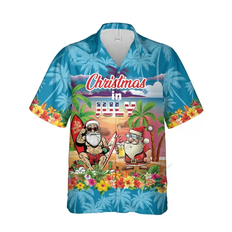 Christmas Santa Claus Button Down Hawaiian Shirt, Santa Surfing Shirt, Wave Surf Lover Button Up Shirt, Hibiscus Themed Aloha Clothing