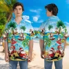 Santa Enjoys Summer Button-down Hawaiian Shirt, Christmas Surfing Shirt, Tropical Palm Button Up Shirt, Summer Beach Vibes Aloha Clothing