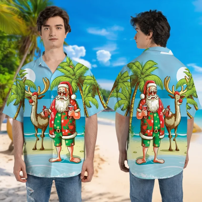 Drunk Santa Claus Surfing Hawaii Shirt, Funny Reindeer Hawaiian Shirt, Christmas In July Party Aloha Shirt, Summer Beach Shirt