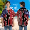 American Lineman Hawaiian Shirt, Us Flag Printed Shirt, Smoke Patterned Aloha Beach Shirt, Electrician Gift, Patriotic Shirt