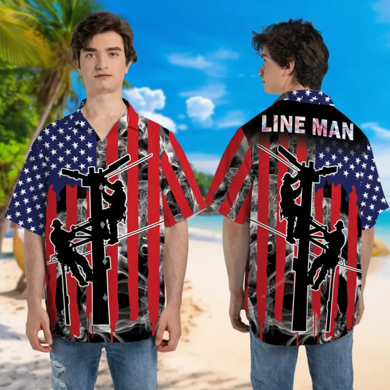 American Lineman Hawaiian Shirt, Us Flag Printed Shirt, Smoke Patterned Aloha Beach Shirt, Electrician Gift, Patriotic Shirt