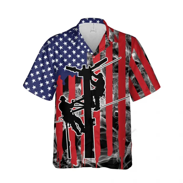 American Lineman Hawaiian Shirt, Us Flag Printed Shirt, Smoke Patterned Aloha Beach Shirt, Electrician Gift, Patriotic Shirt