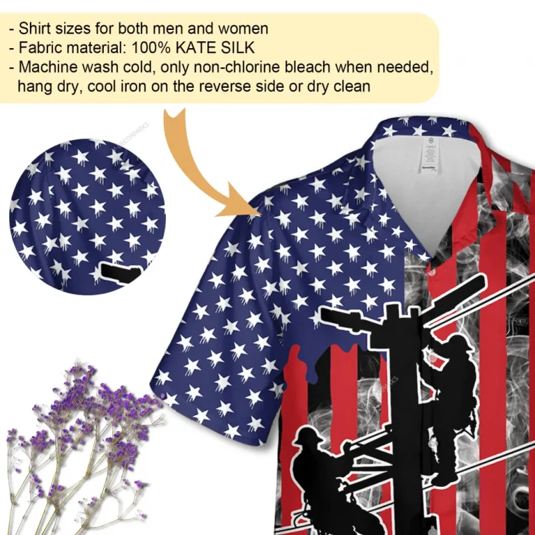 American Lineman Hawaiian Shirt, Us Flag Printed Shirt, Smoke Patterned Aloha Beach Shirt, Electrician Gift, Patriotic Shirt