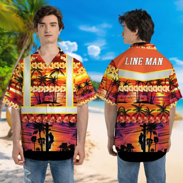 Lineman Unisex Hawaiian Shirt, Tropical Hibiscus Shirt, Sunset Patterned Shirt, Beach Vibes Aloha Clothing, Line Worker Shirt