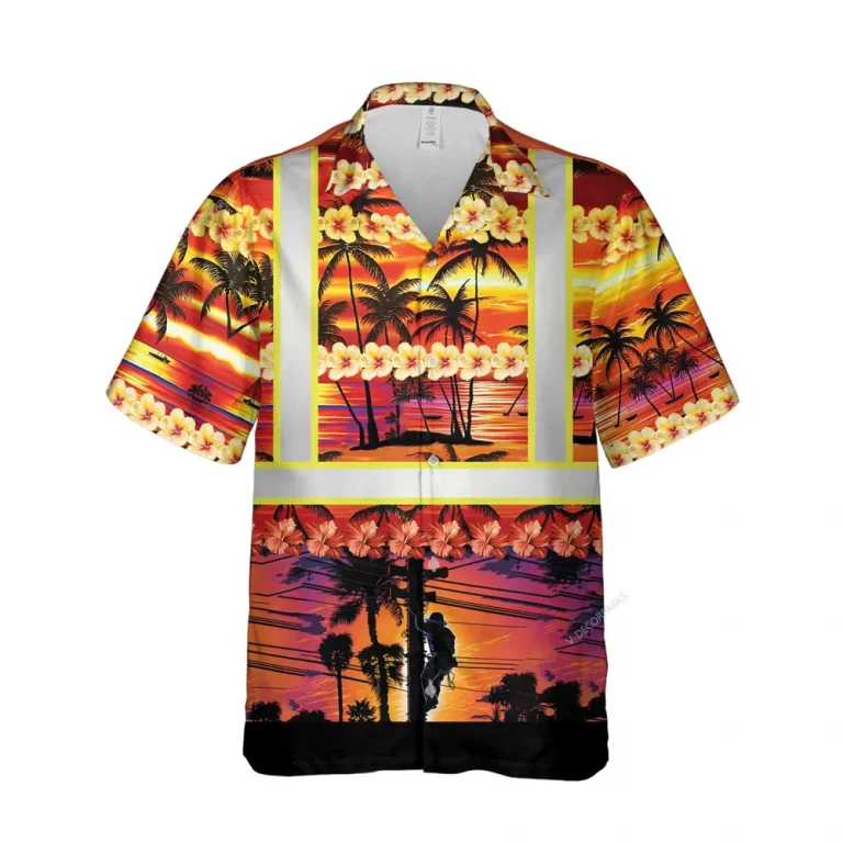 Lineman Unisex Hawaiian Shirt, Tropical Hibiscus Shirt, Sunset Patterned Shirt, Beach Vibes Aloha Clothing, Line Worker Shirt