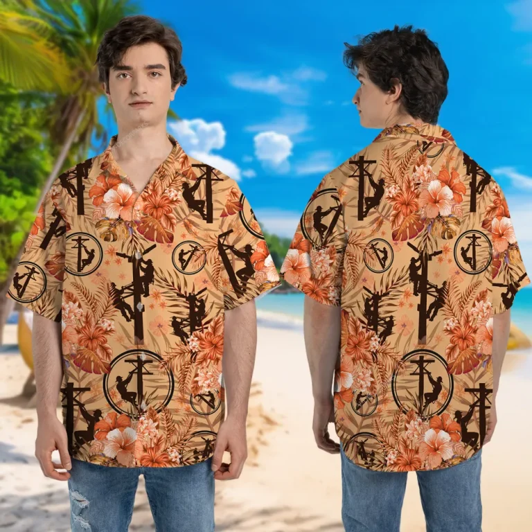 Wireman Printed Unisex Hawaiian Shirt, Tropical Hibiscus Shirt, Vintage Patterned Shirt, Retro Vibes Aloha Clothing, Line Worker Shirt