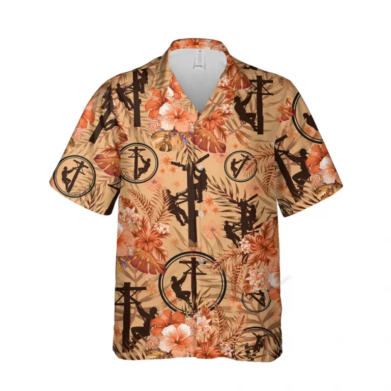 Wireman Printed Unisex Hawaiian Shirt, Tropical Hibiscus Shirt, Vintage Patterned Shirt, Retro Vibes Aloha Clothing, Line Worker Shirt