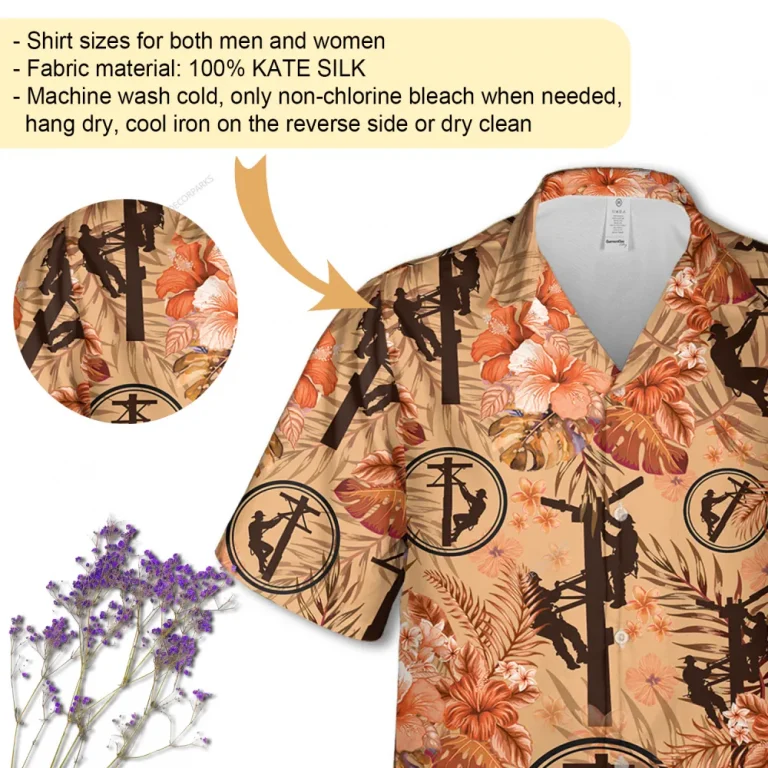 Wireman Printed Unisex Hawaiian Shirt, Tropical Hibiscus Shirt, Vintage Patterned Shirt, Retro Vibes Aloha Clothing, Line Worker Shirt