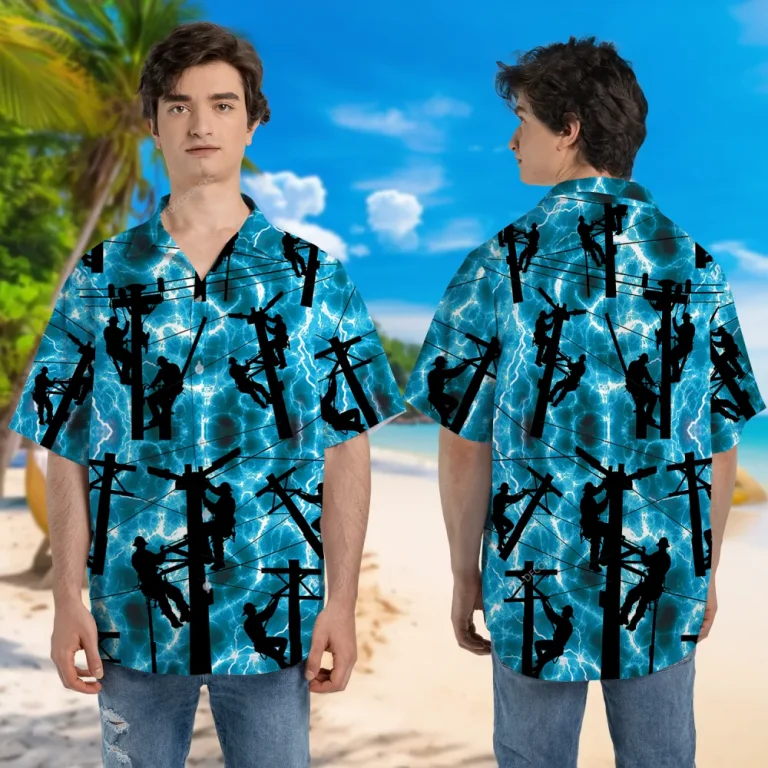 Wireman Unisex Hawaiian Shirt, Thunderstorm Shirt, Extreme Weather Patterned Shirt, Man Silhouette Aloha Clothing, Summer Beach Shirt