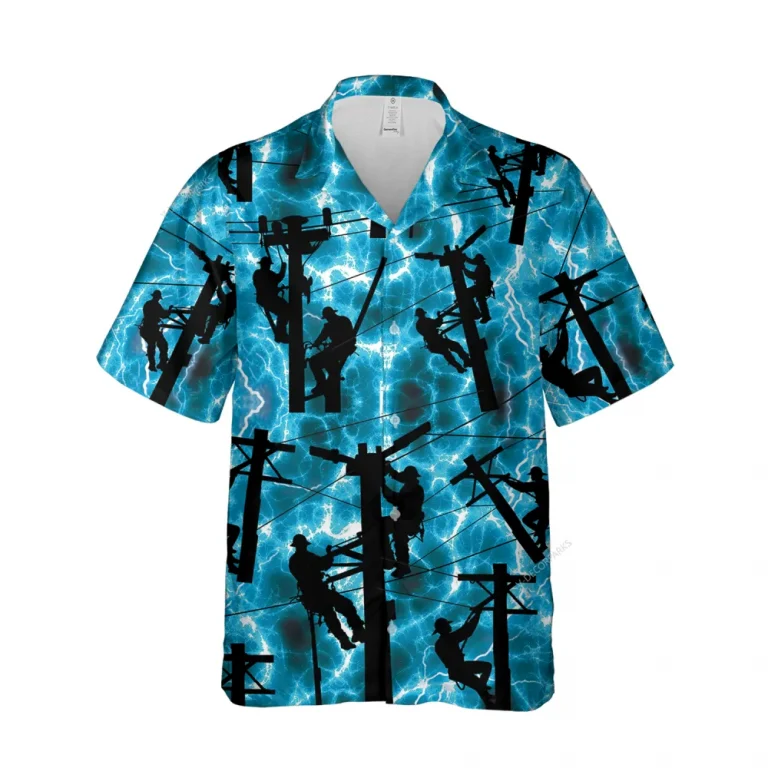 Wireman Unisex Hawaiian Shirt, Thunderstorm Shirt, Extreme Weather Patterned Shirt, Man Silhouette Aloha Clothing, Summer Beach Shirt