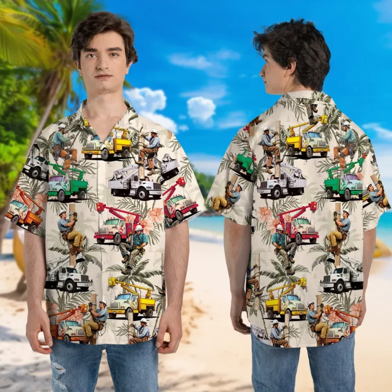 Vintage Lineman Unisex Hawaiian Shirt, Tropical Leaves Aloha Button Down Shirt, Retro Patterned Shirt, Vehicles Printed Clothing, Line Worker Shirt