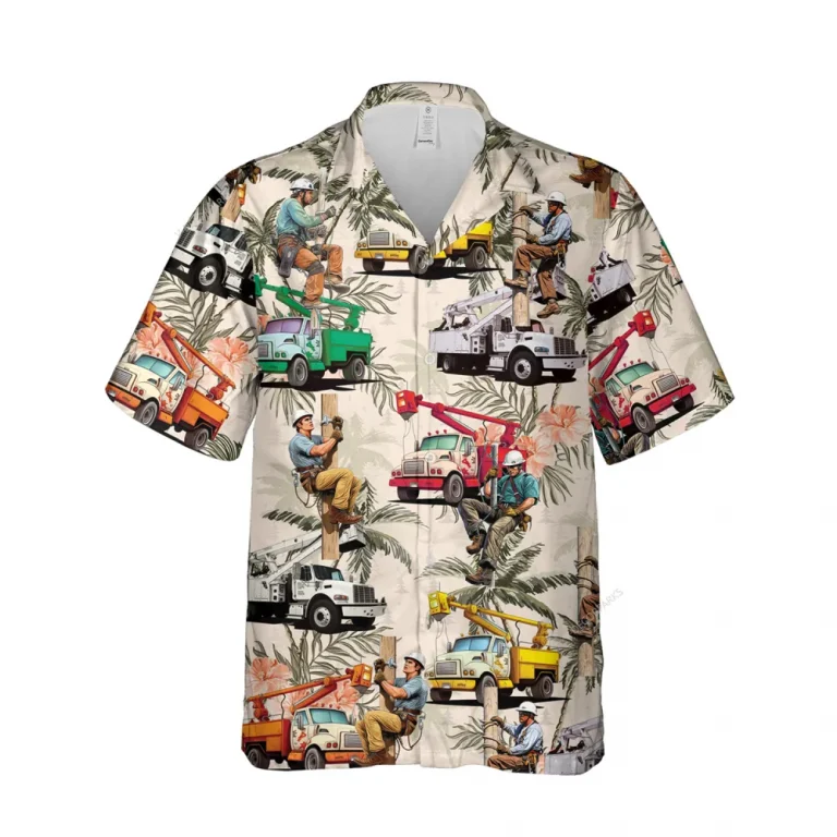 Vintage Lineman Unisex Hawaiian Shirt, Tropical Leaves Aloha Button Down Shirt, Retro Patterned Shirt, Vehicles Printed Clothing, Line Worker Shirt