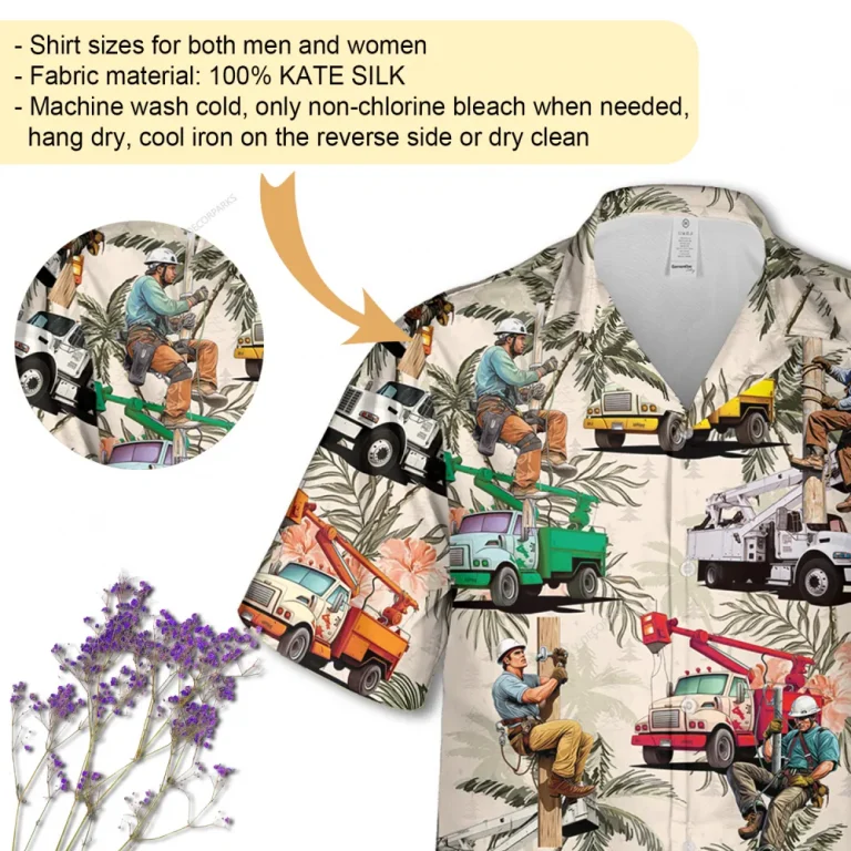 Vintage Lineman Unisex Hawaiian Shirt, Tropical Leaves Aloha Button Down Shirt, Retro Patterned Shirt, Vehicles Printed Clothing, Line Worker Shirt