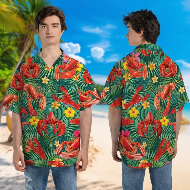 Tropical Lobster Unisex Hawaiian Shirt, Leaves Printed Shirt, Summer Aloha Button Down Shirt, Floral Vibes Clothing, Button Down Short Sleeeves