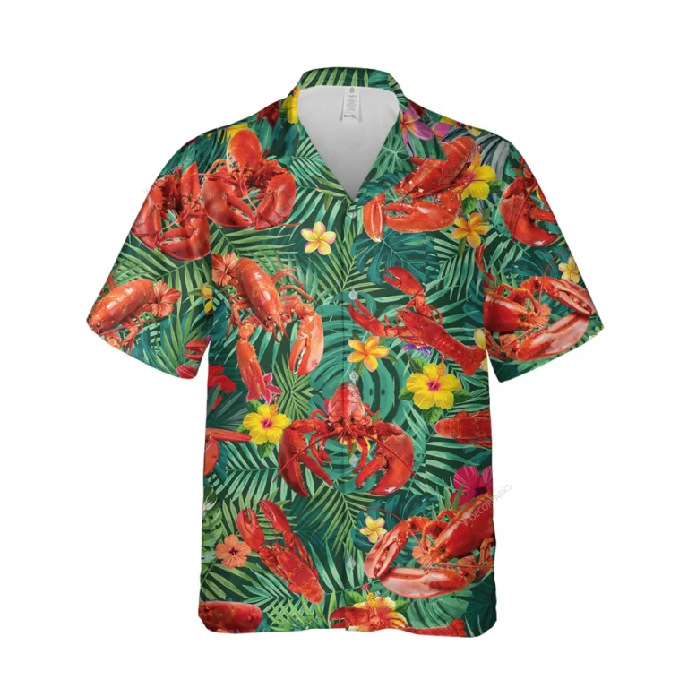 Tropical Lobster Unisex Hawaiian Shirt, Leaves Printed Shirt, Summer Aloha Button Down Shirt, Floral Vibes Clothing, Button Down Short Sleeeves