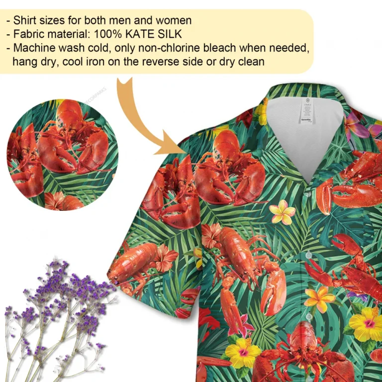 Tropical Lobster Unisex Hawaiian Shirt, Leaves Printed Shirt, Summer Aloha Button Down Shirt, Floral Vibes Clothing, Button Down Short Sleeeves