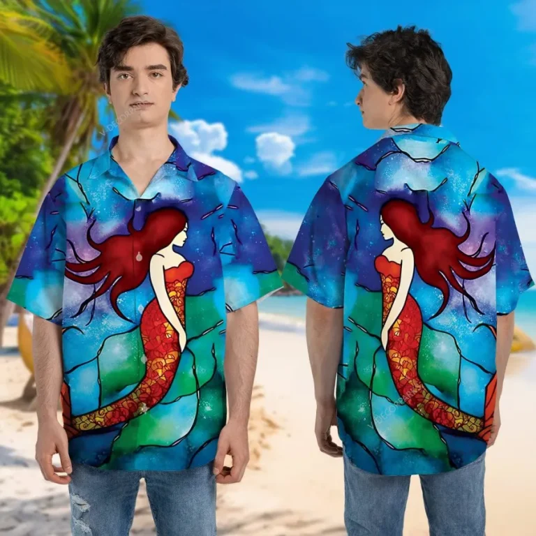 Mermaid And Sunset Hawaiian Shirts For Men Women, Mermaid Casual Button Down Short Sleeve Shirts, Summer Beach Shirt, Vacation Shirt, Aloha Shirt