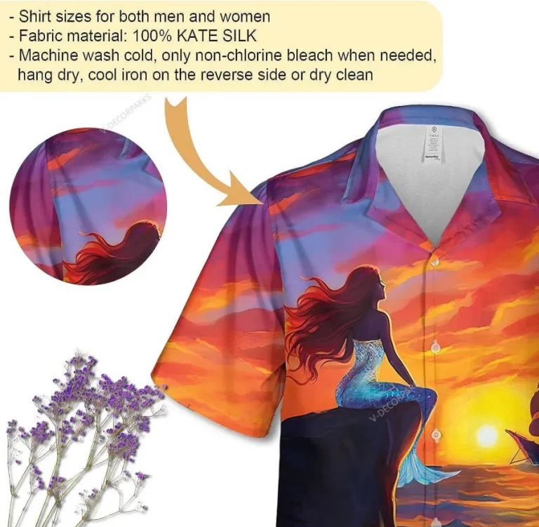 Mermaid And Sunset Hawaiian Shirts For Men Women, Mermaid Casual Button Down Short Sleeve Shirts, Summer Beach Shirt, Vacation Shirt, Aloha Shirt