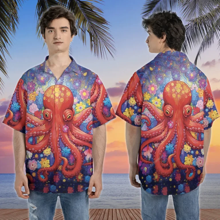 Floral Octopus Unisex Hawaiian Shirt, Ocean Animal Printed Aloha Button Down Shirt, Octopus Lover Gift, Summer Beach Shirt For Men Women