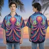 Neon Octopus Hawaiian Shirts For Men Woman, 3d Aloha Shirt, Vibrant Summer Beach Shirt, Ocean Animal Short Sleeve Hawaii Shirt