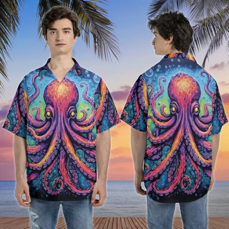 Neon Octopus Hawaiian Shirts For Men Woman, 3d Aloha Shirt, Vibrant Summer Beach Shirt, Ocean Animal Short Sleeve Hawaii Shirt