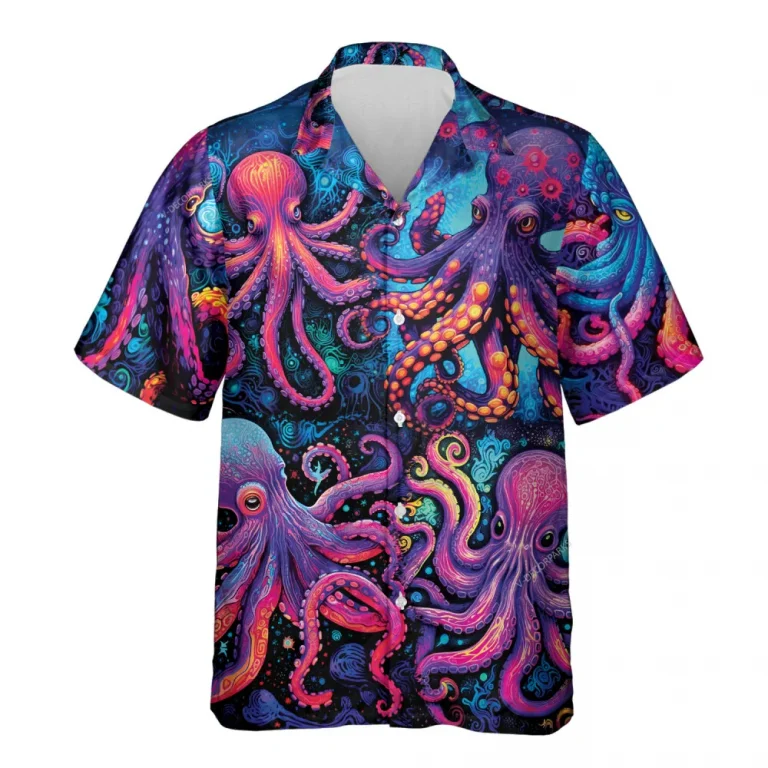 Flashy Octopus Hawaiian Shirts For Men Woman, 3d Aloha Shirt, Neon Summer Beach Shirt, Sea Animal Short Sleeve Hawaii Shirt