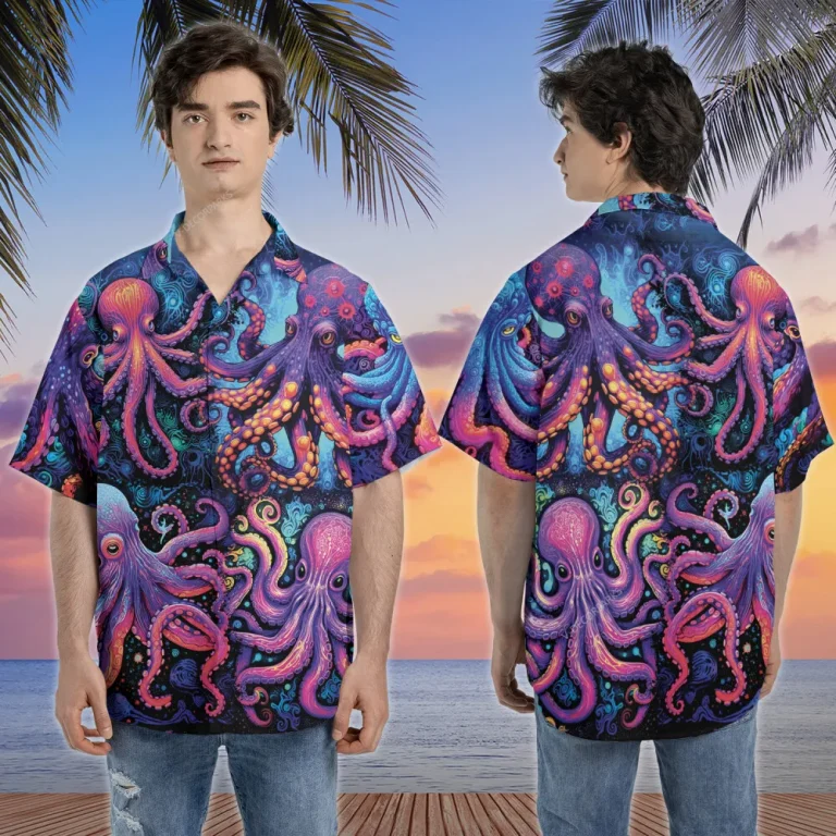 Flashy Octopus Hawaiian Shirts For Men Woman, 3d Aloha Shirt, Neon Summer Beach Shirt, Sea Animal Short Sleeve Hawaii Shirt
