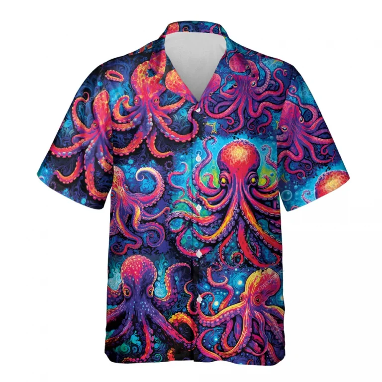 Neon Octopus Unisex Hawaiian Shirt, He'e Tako 3d Aloha Button Down Shirt, Vibrant Summer Beach Shirt, Ocean Animal Short Sleeve Hawaii Shirt