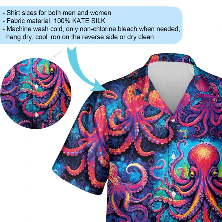 Neon Octopus Unisex Hawaiian Shirt, He'e Tako 3d Aloha Button Down Shirt, Vibrant Summer Beach Shirt, Ocean Animal Short Sleeve Hawaii Shirt