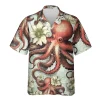 Vintage Octopus Unisex Hawaiian Shirt, Summer Party Aloha Button Down Shirt, Retro Beach Shirt, Ocean Animal Short Sleeve Hawaii Shirt