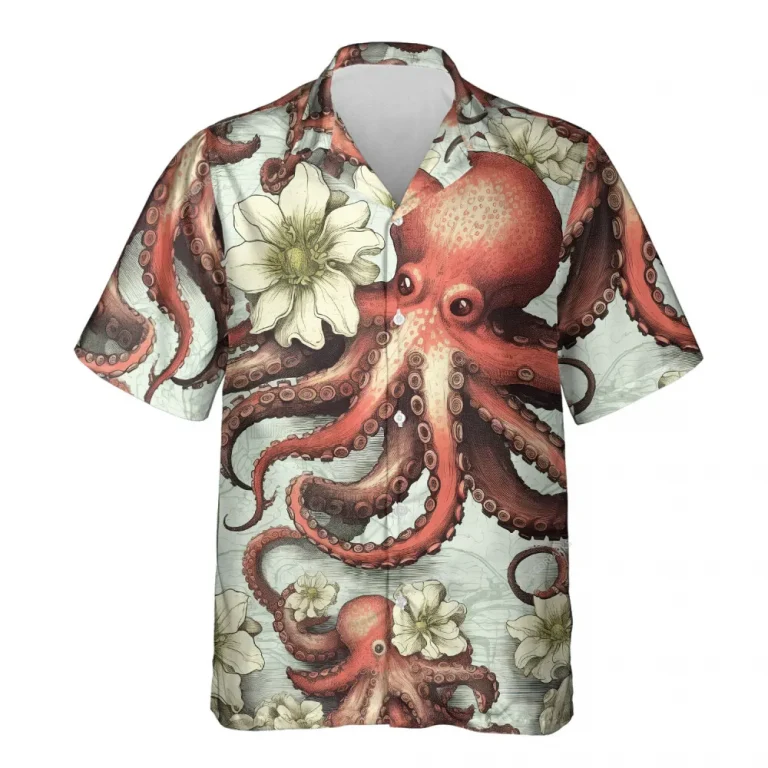 Vintage Octopus Unisex Hawaiian Shirt, Summer Party Aloha Button Down Shirt, Retro Beach Shirt, Ocean Animal Short Sleeve Hawaii Shirt