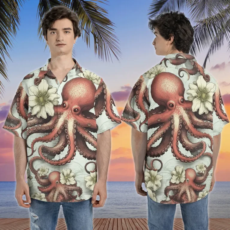 Vintage Octopus Unisex Hawaiian Shirt, Summer Party Aloha Button Down Shirt, Retro Beach Shirt, Ocean Animal Short Sleeve Hawaii Shirt