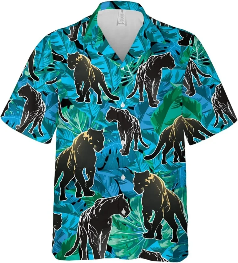 Panther Hawaiian Shirts For Men Women, Tropical Leaves Pattern Panther Summer Shirts, Tropical Panther Button Down Mens Hawaiian Shirts Short Sleeve