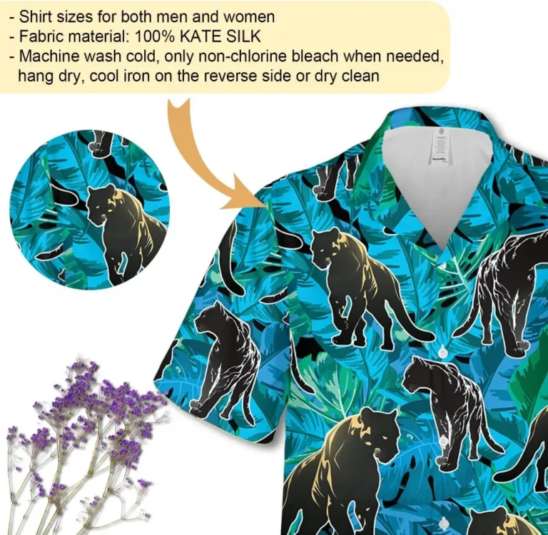 Panther Hawaiian Shirts For Men Women, Tropical Leaves Pattern Panther Summer Shirts, Tropical Panther Button Down Mens Hawaiian Shirts Short Sleeve