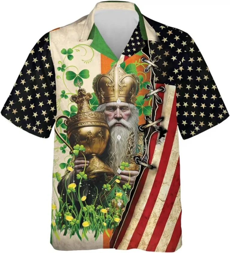 Apostle Of Ireland Hawaiian Shirt For Men, Patrick's Day Shamrock Hawaiian Shirt, American Flag Pattern Button Down Mens Hawaiian Shirts Short Sleeve