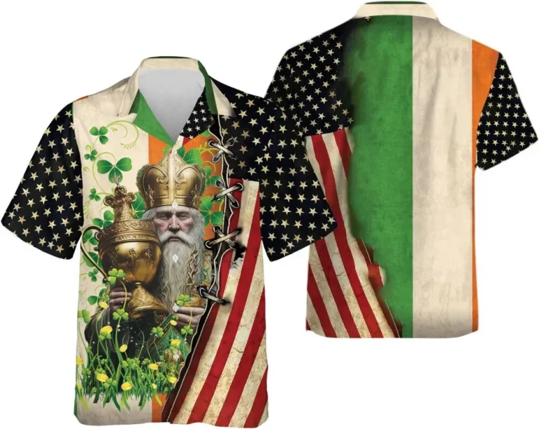 Apostle Of Ireland Hawaiian Shirt For Men, Patrick's Day Shamrock Hawaiian Shirt, American Flag Pattern Button Down Mens Hawaiian Shirts Short Sleeve