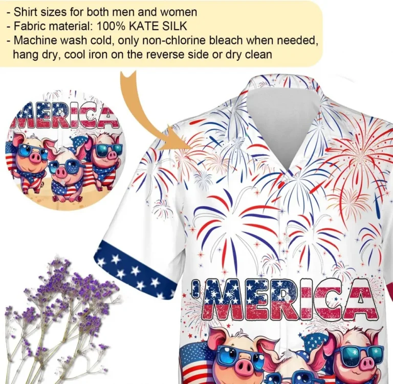 Merica Pigs Hawaiian Shirts For Men, Funny Pigs Firework Summer Beach Shirts, 4th Of July Casual Button Down Men Women Hawaiian Shirts Short Sleeve