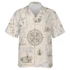 Nautical Compass Hawaiian Shirts For Men Women, Vintage 90s Aloha Button Down Shirt, Ocean Sailor Map Printed Shirt, Retro Clothing