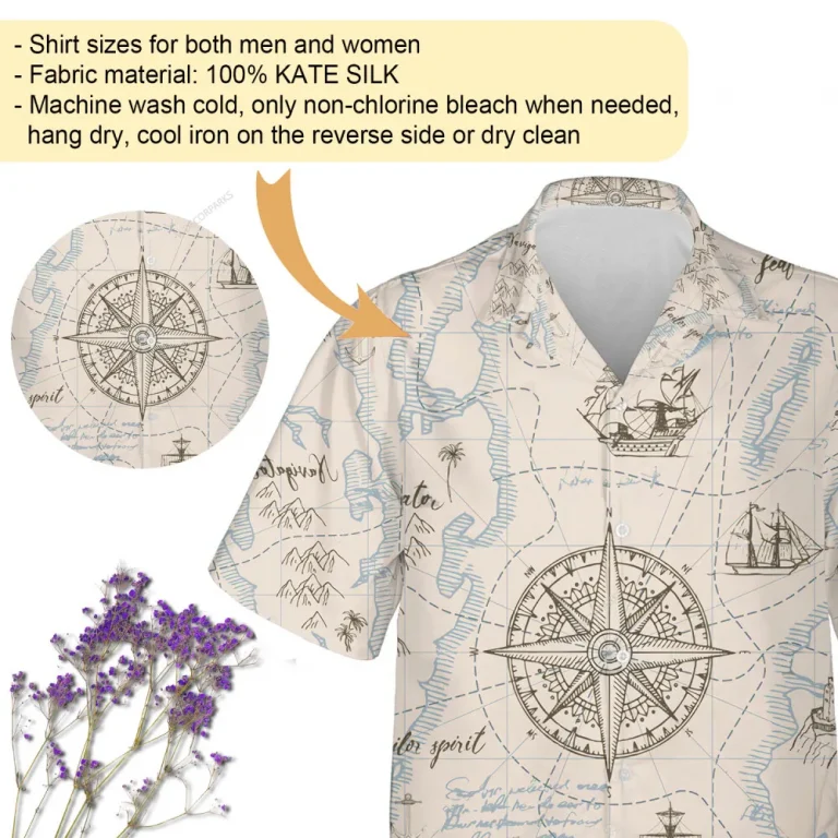 Nautical Compass Hawaiian Shirts For Men Women, Vintage 90s Aloha Button Down Shirt, Ocean Sailor Map Printed Shirt, Retro Clothing