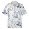 Sailor Ship Hawaiian Shirts For Men Women, Vintage 90s Aloha Button Down Shirt, Ocean Blue Map Printed Shirt, Family Matching Clothing
